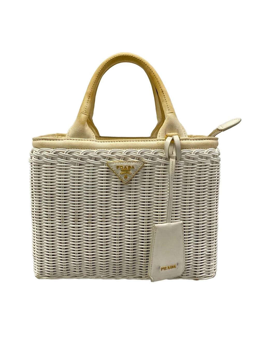 Prada White Cream Rattan Canvas Handbag #337962P98B